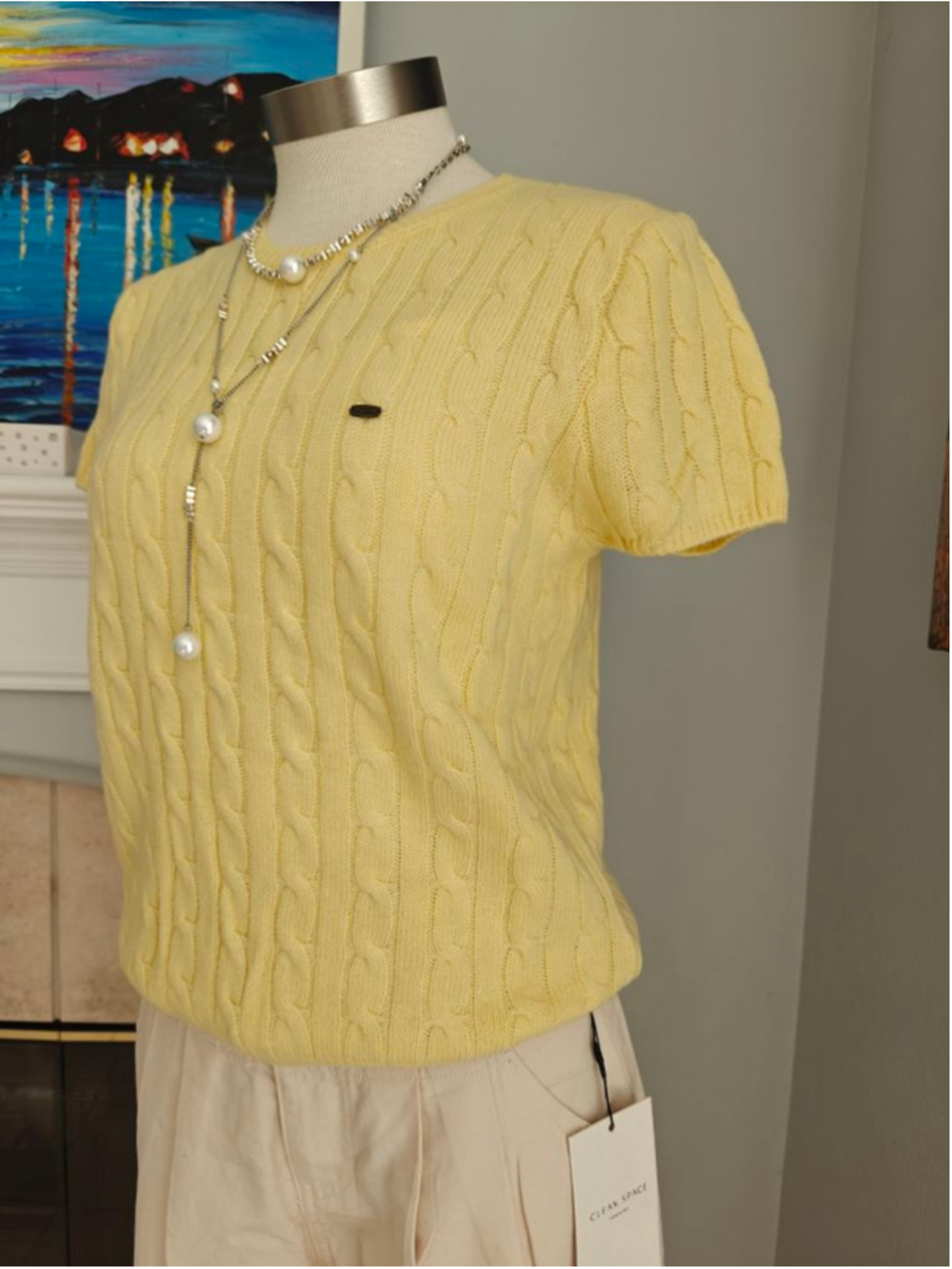 Women's Yellow Cable Knit Short Sleeve Crew Neck Sweater S - Picture 11 of 11